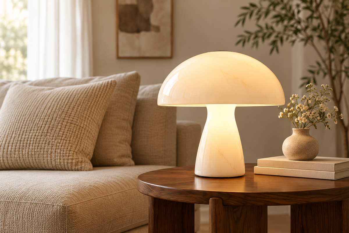 Warm mushroom lamp in a neutral living room